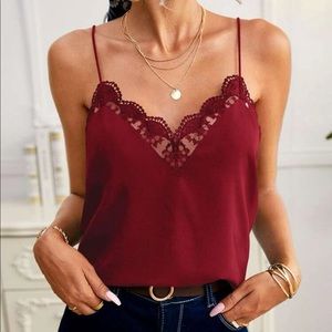 V neck lace mesh trim cami tank top